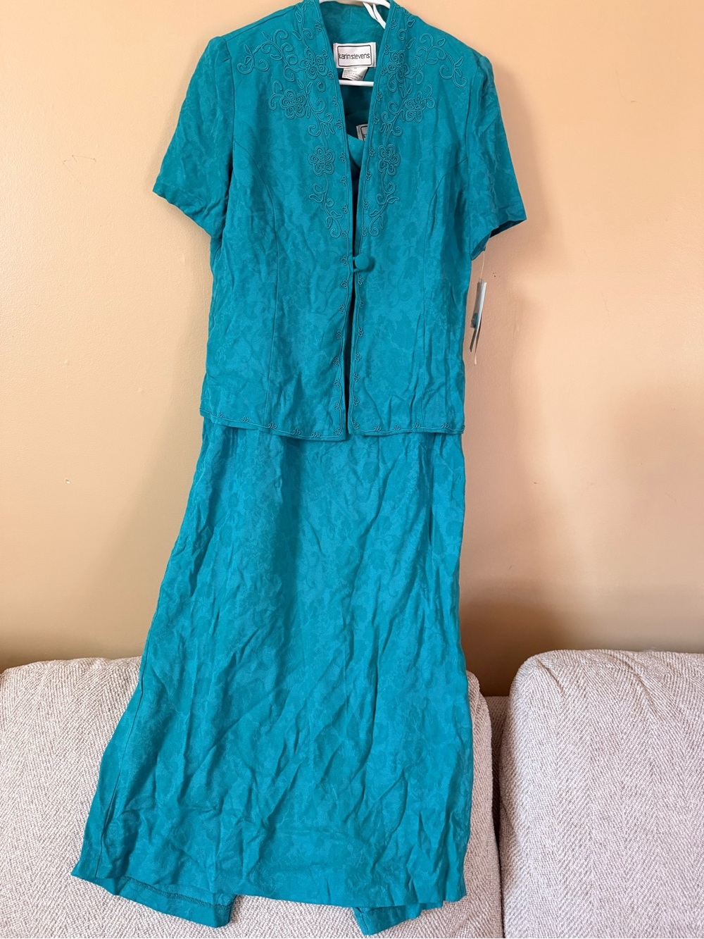 Karin Stevens 2 Piece Dress Set Size 14 Deep Teal NWT Embroidered Jacket